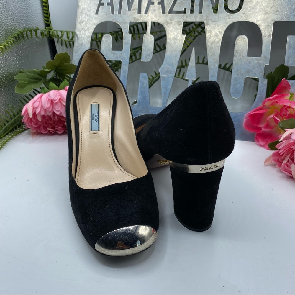 Prada Sz 10 1/2 Black Suede Captoe Silver Logo on Heel